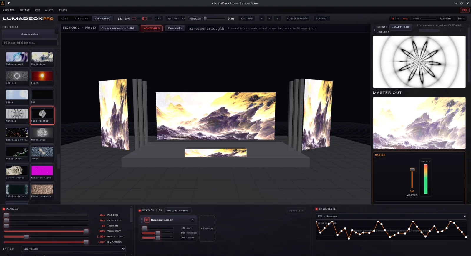 Stage view inside LumaDeck Pro: LED walls and booth front in 3D, each playing its own live feed, next to the master output