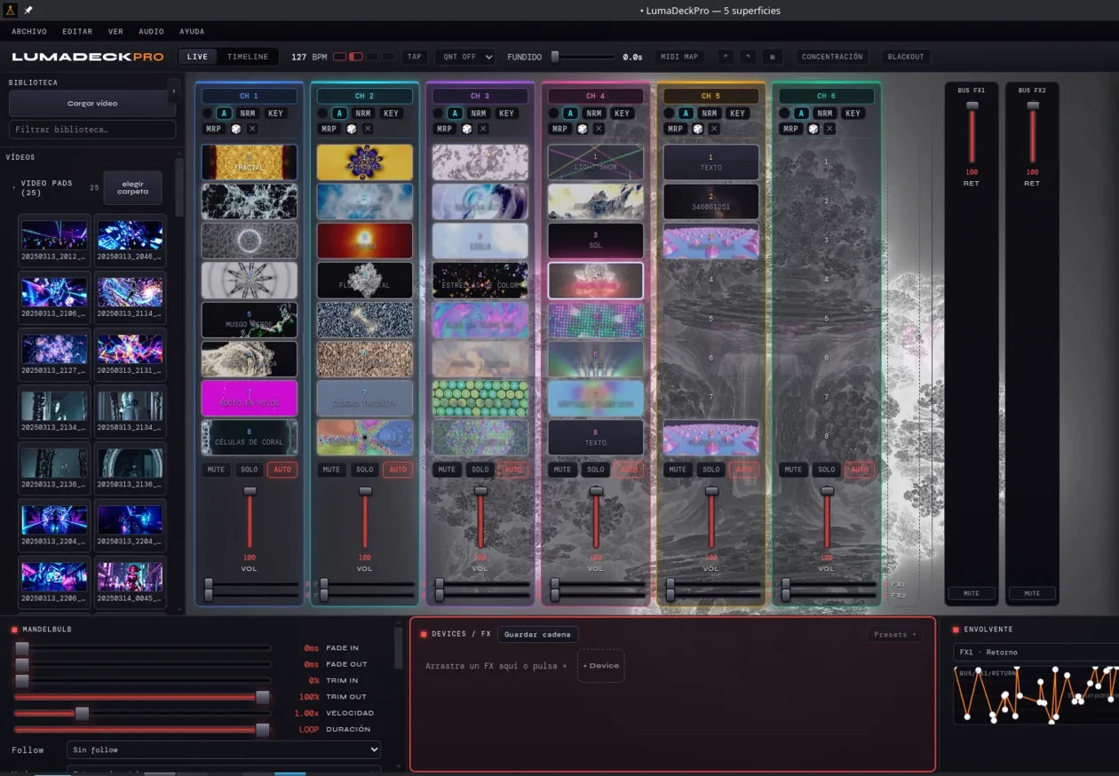 LumaDeck Pro LIVE view: six channels with clip grids, master output, FX bus and the booth panel
